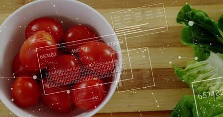 Poster - Cherry tomatoes in bowl with digital data processing animation over wooden surface