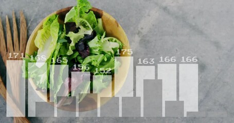Poster - Animation of bar graph overlaying nutritional data on salad bowl on table