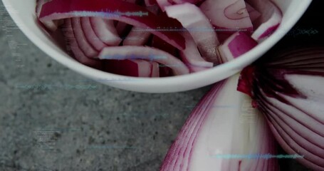 Poster - Sliced red onions in bowl with digital data processing animation overlay