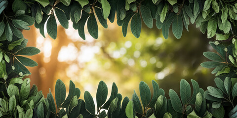 Aufkleber - Green leaves frame a blurred, sunlit natural background, creating a vibrant, organic border perfect for text or showcasing products