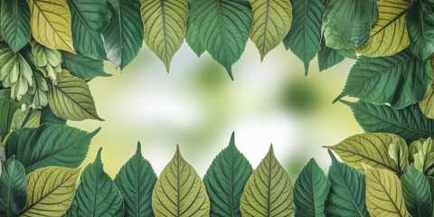Aufkleber - Green and yellow leaves frame a blurred natural background, creating a lush, vibrant border perfect for text or product display, symbolizing nature and freshness