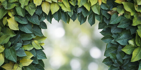 Poster - Green leaves frame a blurred green background, creating a natural arch ideal for text or logo placement, showcasing nature's serenity and freshness