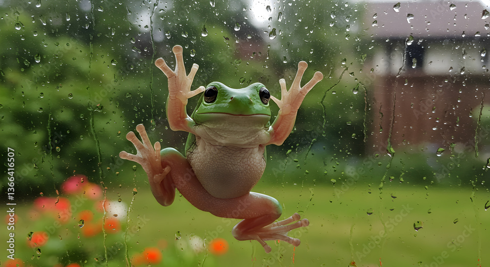 Adorable green tree frog clinging to a rain-streaked windowpane in summer