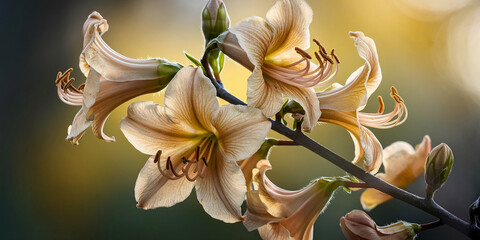 Poster - Close-up of pale beige lilies, delicate petals, sunlight illuminating them, showcasing natural elegance and serenity, ideal for spring or nature themes