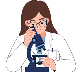 Poster - Female scientist in a lab coat examining a slide under a microscope in a flat vector illustration