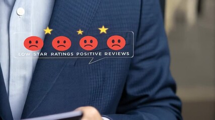 Poster - Man in suit holding phone with low star ratings and positive reviews displayed on screen overlay graphic