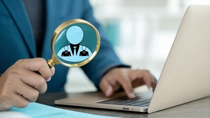 Poster - Man in blue suit using laptop holding magnifying glass over checklist with person icon on screen
