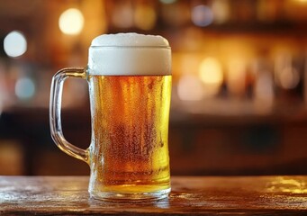Poster - Refreshing beer standing on wooden bar counter in blurred pub background