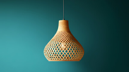 A unique pendant lamp made of woven rattan displayed on a teal background. Woven Evolution. Illustration