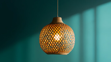 A unique pendant lamp made of woven rattan displayed on a teal background. Woven Evolution. Illustration