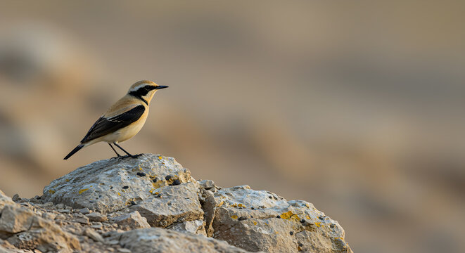 Northern Wheatear perched atop rocky outcrop surveying arid landscape vista