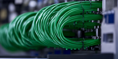 Poster - Green cables arranged in an industrial workspace environment Generative AI