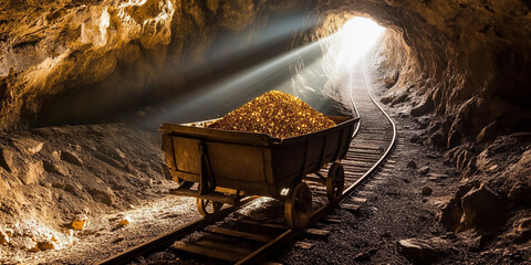 Poster - Golden treasure cart rolling through a dark mining tunnel Generative AI