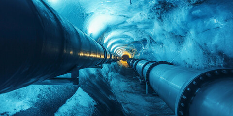 Poster - Illuminated ice cave pipeline in an industrial setting Generative AI