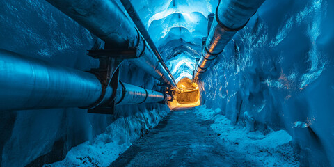 Poster - Illuminated ice cave with pipeline in a frozen environment Generative AI