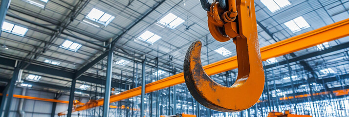 Poster - Modern warehouse interior displaying crane hook system Generative AI