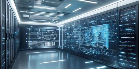 Poster - Futuristic server room with holographic interface technology Generative AI
