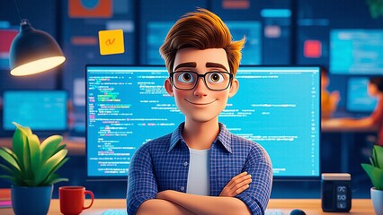Programmer cartoon character smiles proudly at code screen in modern office workspace detailing software development