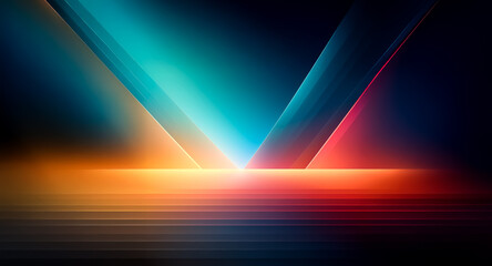 Wall Mural - vibrant light rays of blue, orange, and red converge against a dark backdrop, creating a dynamic and