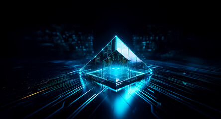Aufkleber - abstract geometric shape, glowing with blue light, emerges from a dark space, radiating futuristic t