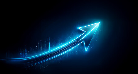 Poster - a vibrant blue arrow streaks upwards against a stark black backdrop, illuminated with a neon glow. i