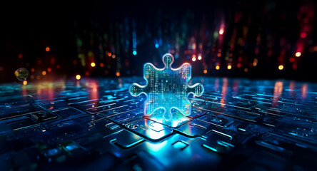 Aufkleber - a glowing jigsaw piece rests on a dark circuit board with colorful lights descending in the backgrou
