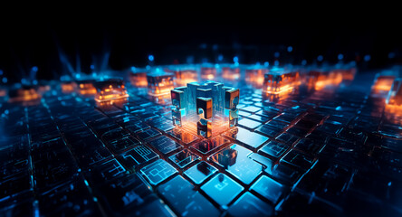 Aufkleber - futuristic grid with glowing blue and orange lights creates an abstract technology concept. intercon