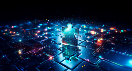 Aufkleber - illuminated puzzle piece stands out on a grid-like surface with glowing lights, creating a futuristi