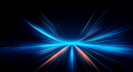 Poster - abstract image with blue and orange light streaks radiating from a central point on a dark backdrop,