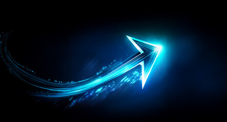 Wall Mural - a vibrant blue arrow streaks upwards and to the right against a stark black backdrop. the arrow glow