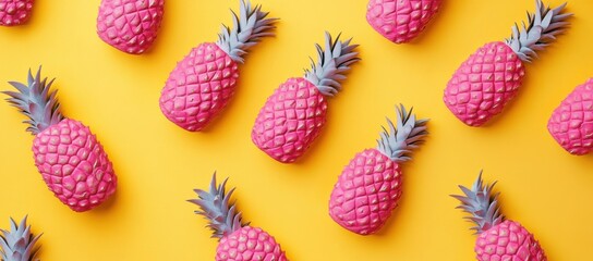 Fototapete - 
Pink pineapples on a yellow background, pop art, minimalism