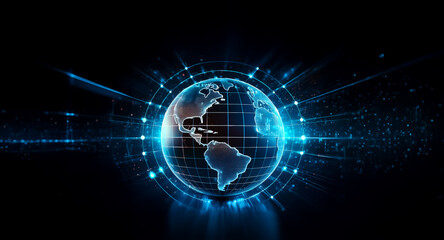 Poster - a digital globe with glowing blue network connections encircling it. points and lines radiate outwar