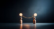 © joeycheung - Two wooden figures face each other, light bulb speech bubbles above, joined by a glowing string against a dark backdrop, representing dialogue and connection.
