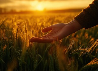Poster - Farmer gently touching wheat crop at golden hour sunset in cultivated field