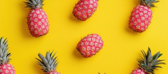 Fototapete - 
Pink pineapples on a yellow background, pop art, minimalism