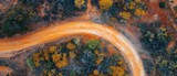 Aerial View of Curved Road in Australian Outback with Red Earth and Vegetation