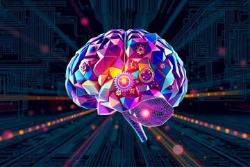 Poster - Abstract geometric brain model with gears at its core, brightly lit. Futuristic tech backdrop with glowing lines suggests networks and digital connectivity.