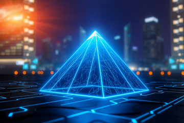 Poster - A glowing blue wireframe pyramid stands prominently in the foreground, set against a blurred cityscape at night.  The pyramid emits a bright light, contrasting with the dark urban background.