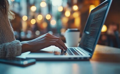 Poster - Programmer writing code on laptop in cafe, working remotely