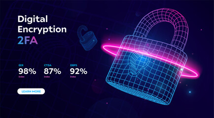 Futuristic digital padlock representing cybersecurity, encryption, and data protection. Wireframe lock with two factor authentication concept. Cyber defense, online security. Vector illustration.