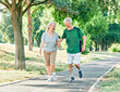 © Lumos sp - outdoor senior fitness woman man lifestyle active sport exercise healthy fit couple running jogging elderly mature having fun laughing talking together friend hug break