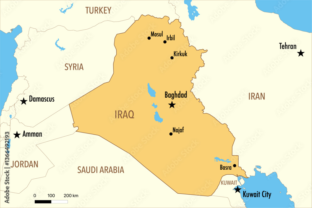 Vector Map of Iraq with Major Cities and Neighboring Countries ...