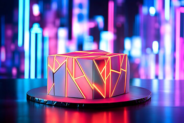 Poster - Illuminated Geometric Cube in Neon Light Cityscape Abstract Art