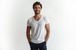 © ThomasLENNE - Half-Length (Waist-Up) portrait of young stylish smiling Spanish male model in cosplay wear isolated on pure white background looking at camera