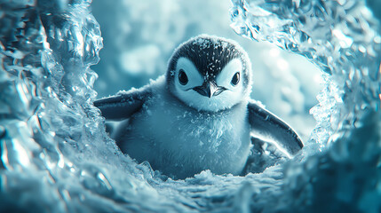 Wall Mural - realistic close-up of a penguin embryo, illuminated by cold natural light, surrounded by ice texture