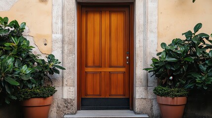  Wooden door with plants, stone frame, and textured wall in Italy. Use to represent homes, entry, travel, design, and a charming old-world style.