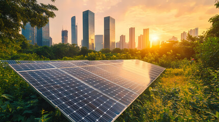 A vast array of solar panels stretches toward a skyline, surrounded by lush greenery, showcasing a blend of technology and nature. Lush Transformation. Illustration