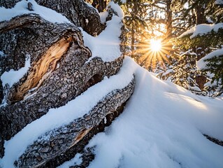 Wall Mural - sunburst through snow-covered tree trunk and branches in winter forest.