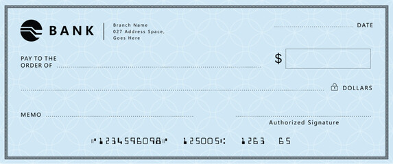 Wall Mural - blue bank check, vector blank money cheque, checkbook template with guilloche pattern and fields. cu
