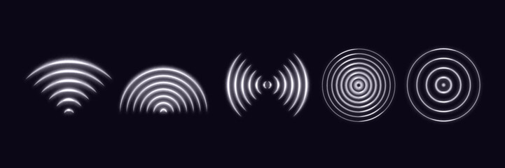 Poster - Sound Wave Light Effect. Wifi Sensor Signal. Neon Glow Radio Radar on Dark Background. Vector Abstract Digital Technology Icons